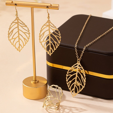 Hohlblatt Halskette Ohrring Ring Schmuck Legierung Vergoldet Mode Einfach Naturthema Damen Accessoires
