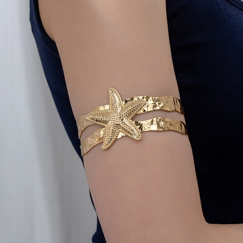 Gold Starfish Arm Cuff Alloy Hammered Texture Open Upper Armband Summer Beach Vacation Jewelry For Women