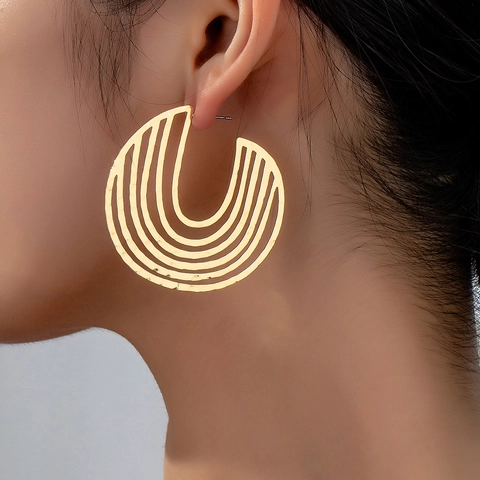 Alloy Hollow Multi Layer Round Stud Earrings Geometric Circular Arc Hammered Texture Minimalist Fashion For Women