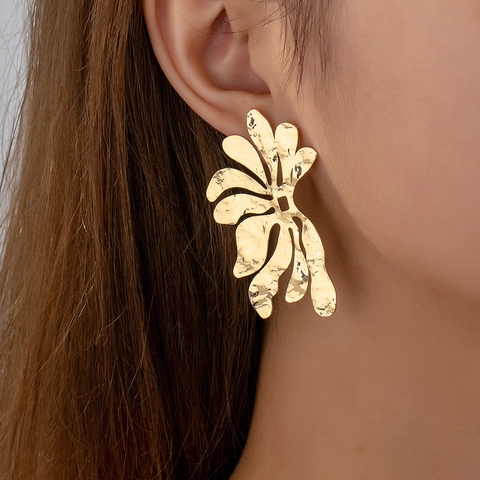Boucles D'Oreilles Puces Fleur Or Martelées Grandes Irrégulières Surdimensionnées Bijoux De Mode Uniques Pour Femmes
