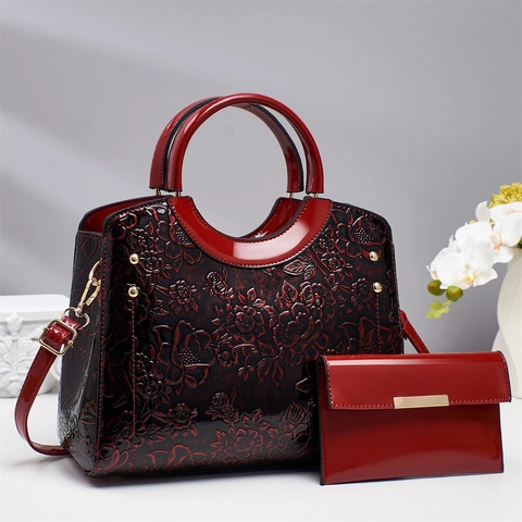 Sac À Main Femme Et Portefeuille Assorti Similicuir Verni Brillant Relief Floral 3D Rétro Élégant Sac Bandoulière