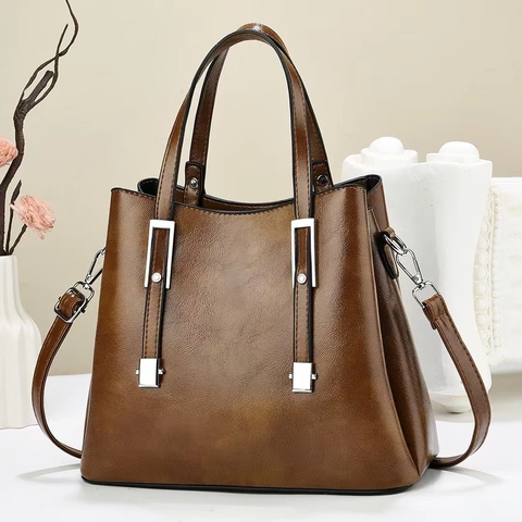 Retro PU Leather Women Handbag Large Capacity Crossbody Bag With Adjustable Strap Top Handle Vintage Solid Color