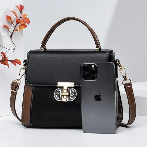 Borsa A Tracolla Da Donna In Colore A Contrasto Pelle PU Con Cuciture Chiusura In Metallo Motivo A Quadri Manico Superiore