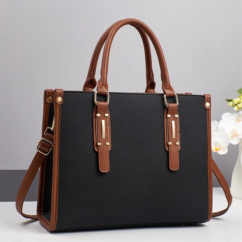 Women Large Capacity Tote Handbag PU Leather And Woven Fabric Business Commuter Colorblock Shoulder Bag With Removable Strap