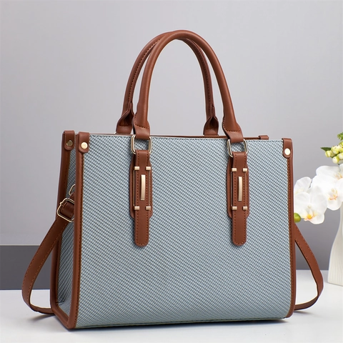 Women Handbag Tote PU Leather Woven Texture Color Block Large Capacity Retro Shoulder Crossbody Bag Functional
