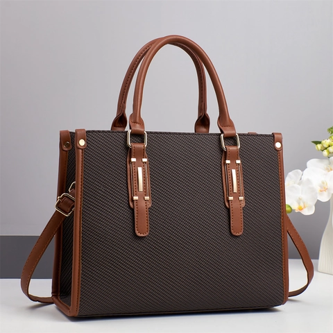 Women Handbag Tote PU Leather Woven Texture Color Block Large Capacity Retro Shoulder Crossbody Bag Functional