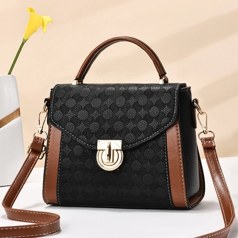 Vintage Embossed PU Leather Handbag For Women Contrast Color Shoulder Crossbody Bag With Gold Metal Lock And Top Handle