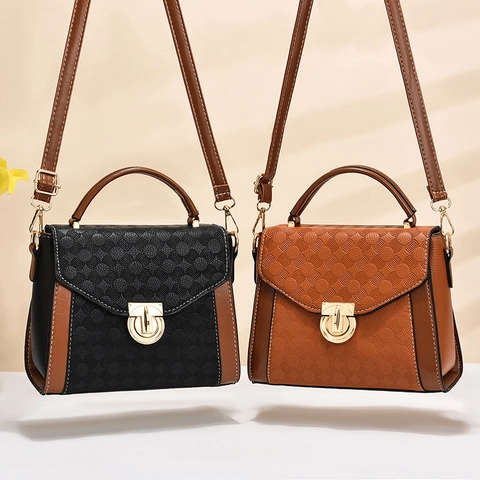Vintage Embossed PU Leather Handbag For Women Contrast Color Shoulder Crossbody Bag With Gold Metal Lock And Top Handle