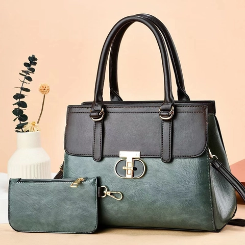 Bolso De Mano Y Estuche Para Mujer Cuero PU Gran Capacidad Color Contraste Vintage Bolso De Asa Superior Hombro Oro