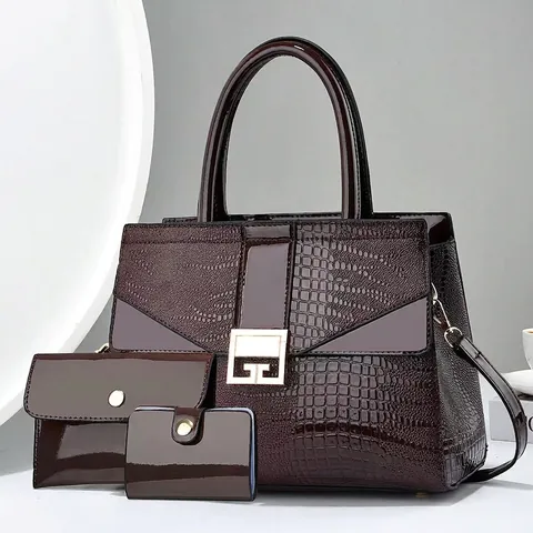 Women Crocodile Pattern PU Leather Handbag And Clutch And Card Holder Fashion Tote Bag And Shoulder Bag Set Gold Buckle