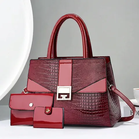 Handtasche Schultertasche Und Portemonnaie Und Kartenhalter PU Leder Krokodilmuster Patent Glänzend Pendler Büro Frauen