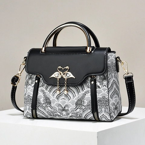 Women Handbag PU Leather Jacquard Fabric Wave Pattern Swan Heart Buckle Artificial Pearl Tassel Crossbody Bag Vintage Style
