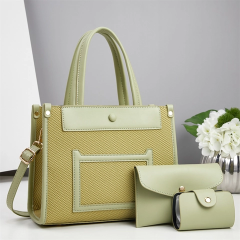 Sac Cabas Pochette Et Porte Cartes Pour Femmes Cuir PU Tissé Patchwork Urbain Minimaliste Grande Capacité Sac À Main Bandoulière