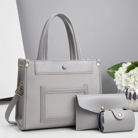 Woven PU Leather Tote Bag And Envelope Clutch And Card Case Elegant Large Capacity Top Handle Shoulder Bag Women