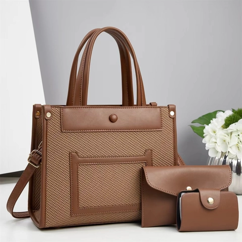 Sac Cabas Pochette Et Porte Cartes Pour Femmes Cuir PU Tissé Patchwork Urbain Minimaliste Grande Capacité Sac À Main Bandoulière