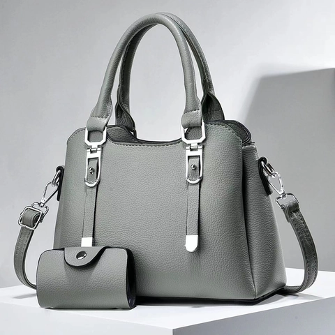 Women PU Leather Handbag And Small Pouch Lychee Pattern Large Capacity Tote With Detachable Strap Solid Color