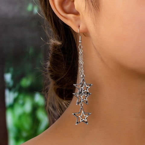 Retro Silver Star Tassel Drop Earrings Long Chain Alloy Vintage Gothic Style Party Accessory For Women