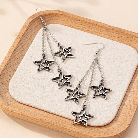 Retro Silver Star Tassel Drop Earrings Long Chain Alloy Vintage Gothic Style Party Accessory For Women
