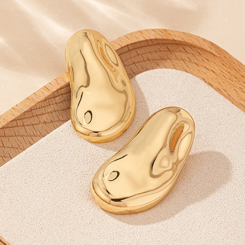 Irregular Lava Stud Earrings Alloy Liquid Metal Style Mirror Polished Vintage Gold Tone Statement Jewelry For Women