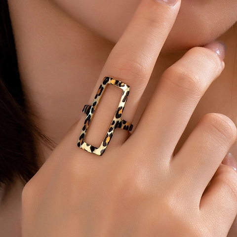 Anello Aperto In Lega Cava Geometrica Rettangolare Retrò Motivo Leopardato Gioielli Di Moda Regolabili Per Donna