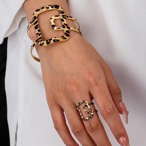 Luipaardprint Legering Sieraden Holle Geometrische Manchetarmband En Open Ring Voor Dames Vintage Elegant
