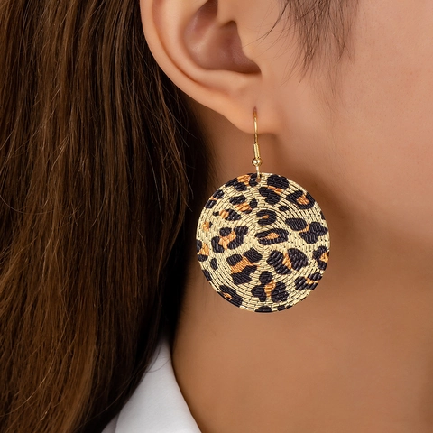 Runde Leopard Print Hängeohrringe Legierung Stoff Vintage Boho Geometrische Hakenohrringe Für Damen