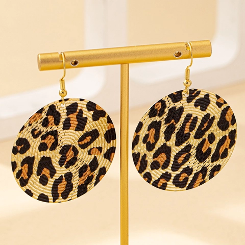 Runde Leopard Print Hängeohrringe Legierung Stoff Vintage Boho Geometrische Hakenohrringe Für Damen