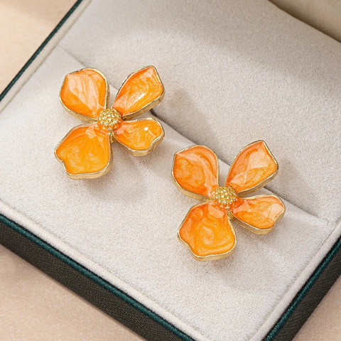 Orecchini A Lobo Fiore Lega Zinco Placcato Oro Smalto Arancione Consistenza Marmo Moda Gioielli Floreali Per Donna Quotidiano