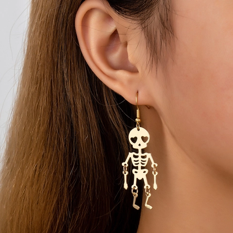 Hollow Skeleton Skull Dangle Earrings With Heart Shaped Eyes Movable Joints Gold Alloy Gothic Halloween Jewelry For Women
