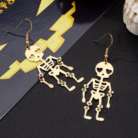 Hollow Skeleton Skull Dangle Earrings With Heart Shaped Eyes Movable Joints Gold Alloy Gothic Halloween Jewelry For Women