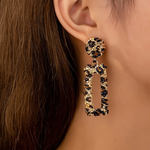 Leopard Print Geometric Drop Earrings Gold Plated Alloy Hollow Rectangle Retro Lava Texture Fashion Statement For Women