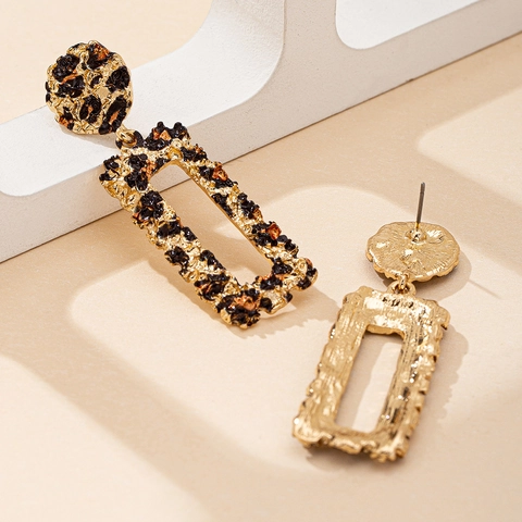 Leopard Print Geometric Drop Earrings Gold Plated Alloy Hollow Rectangle Retro Lava Texture Fashion Statement For Women