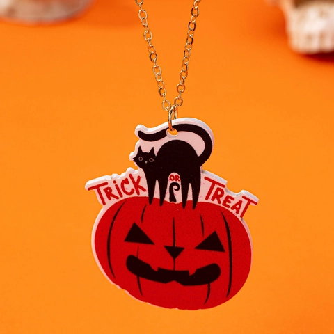 Halloween Kürbis Schwarze Katze Anhänger Halskette Acryl Legierung Trick Or Treat Festlicher Schmuck