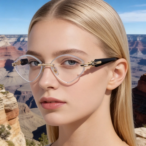 Lunettes de Soleil Femme Tendance Oeil de Chat Sans Monture Mode Strass UV400 Verres Dégradés Monture Métal Luxe Fête