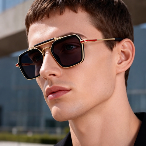 Lunettes De Soleil Carrées Rétro Homme Monture Métal Plastique UV400 Double Pont Mode Extérieur
