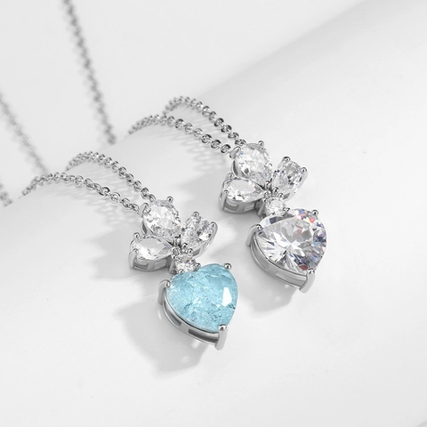 Herz Anhänger Halskette Kupfer Mit Herzschliff Zirkonia Blau Weiß Pink Steine Schlüsselbein O-Kette Schmuck Für Damen