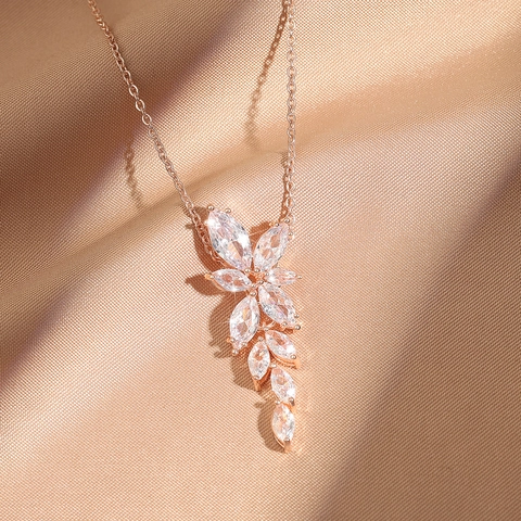 Marquise Cut Zircon Leaf Pendant Necklace Copper Floral Clavicle Chain Elegant Jewelry For Women Fashion Ins Style