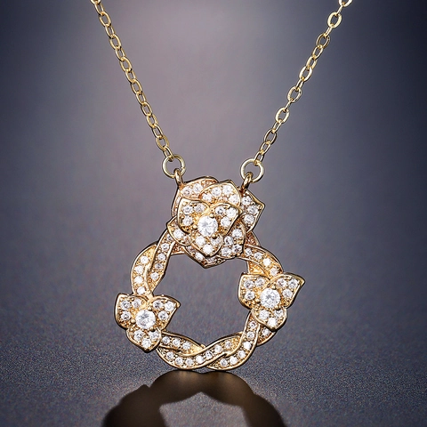 Camellia Flower Pendant Necklace Copper Zircon Inlaid Vintage Elegant Clavicle Chain Jewelry For Women