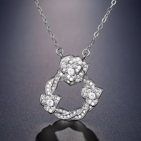 Camellia Flower Pendant Necklace Copper Zircon Inlaid Vintage Elegant Clavicle Chain Jewelry For Women