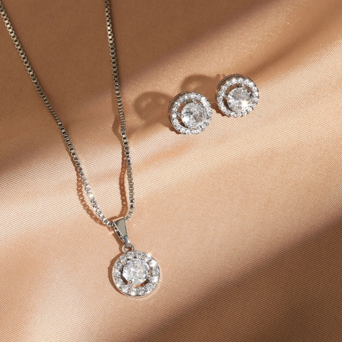 Elegant Round Halo Cubic Zirconia Pendant Necklace And Stud Earrings Copper Plated Fashion Jewelry For Women Daily Wear