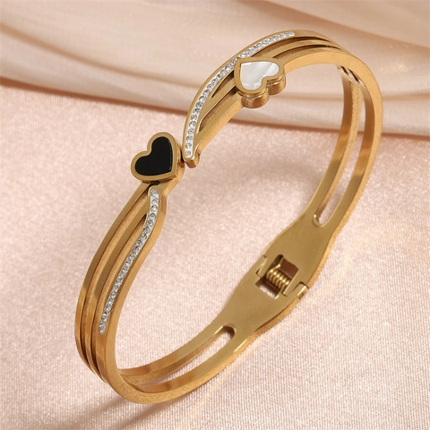 Brazalete De Corazón De Acero Inoxidable Para Mujer Con Madreperla Esmalte Y Strass Joyería De Moda