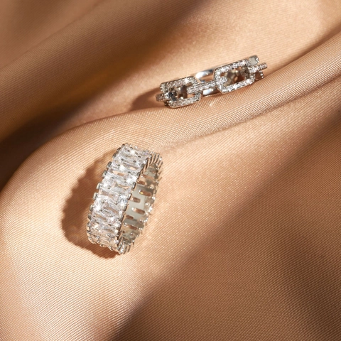 Anelli In Rame Zircone Micro Pave Con Maglia Di Catena E Design Baguette Eternity Gioielli Di Lusso Geometrici Per Donne Elegante