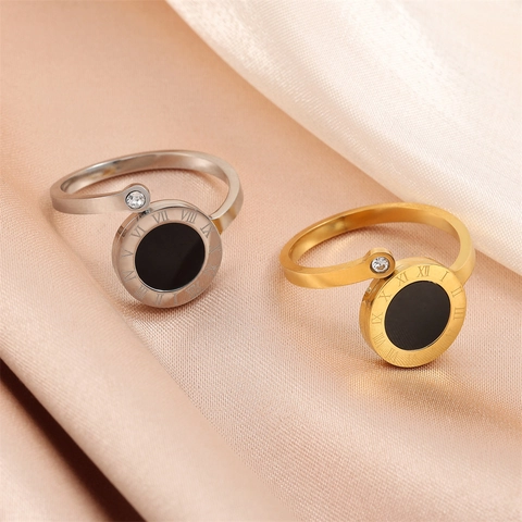 Stainless Steel Open Ring With Roman Numerals Black Shell And Cubic Zirconia Adjustable Fashion Jewelry For Women