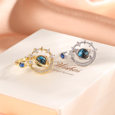 Anillo Abierto Planeta Cielo Estrellado Cobre Circón Estrella Luna Saturno Joyería Ajustable Para Mujeres Estilo Romántico