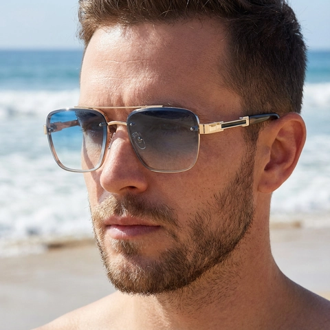 Lunettes De Soleil Aviateur Monture Métallique Carrée Protection UV400 Double Pont Rétro Verres Dégradés Pour Hommes Conduite En Extérieur