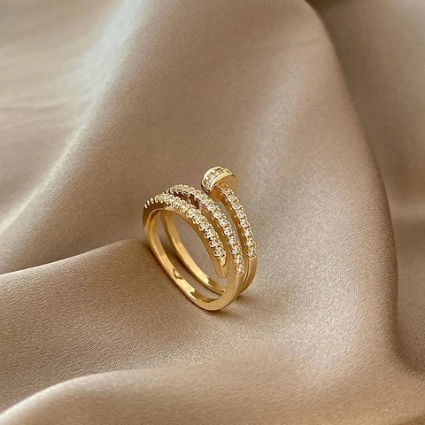 Bague En Forme De Clou Multicouche Cuivre Zircon Géométrique Spirale Künstliche Perle Ouverte Ajustable Bijoux Mode Femmes Design Niche