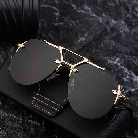 Steampunk Randlose Sonnenbrille Herren Zinklegierung Metallrahmen UV400 Pilot Retro Hohlbrücke Mode