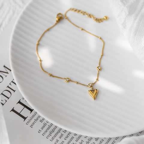 Women Gold Plated Heart Pendant Anklet With Zirconia Minimalist Adjustable Chain Summer Jewelry Gift Heart Ankle Bracelet