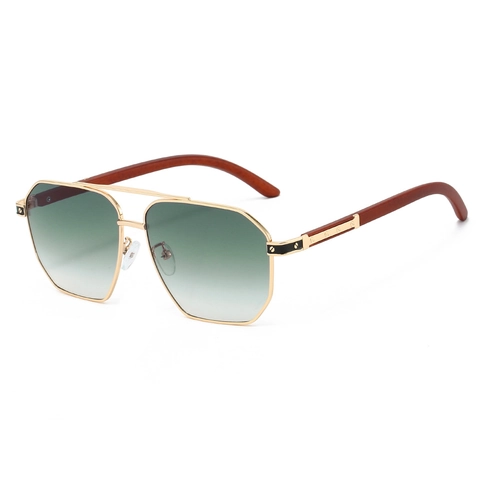 Lunettes De Soleil Aviateur Métal Géométrique Double Pont Monture Branches Grain De Bois Protection UV400 Luxe Mixte