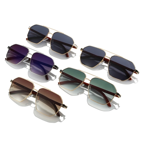 Lunettes De Soleil Aviateur Métal Géométrique Double Pont Monture Branches Grain De Bois Protection UV400 Luxe Mixte